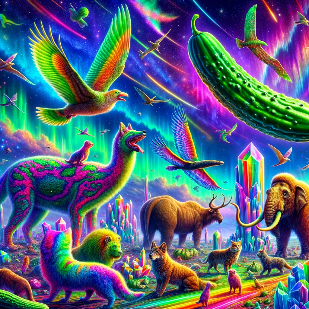 DALL·E 2023-12-23 18.26.50 - Enhancing the surreal and fantastical world with an explosion of color. The evolved cucumbers are now even more vibrant, with neon hues and patterns. 